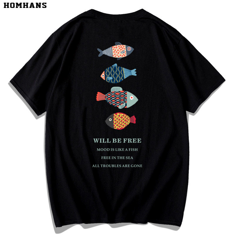 大海卡通鱼印花重磅男女t恤短袖宽松大码半袖纯棉夏潮流白色体恤