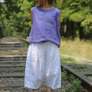 纯色夏季 男童女童中性大PP七分裤 吸汗 背心套装 纯亚麻儿童哈伦裤