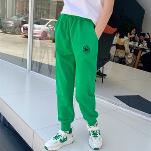 子夏季 绿色长裤 薄款 男童休闲裤 流行潮牌纯棉宽松 儿童运动裤 女童裤
