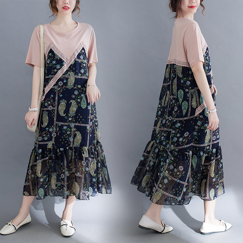 大码夏装女胖mm遮肚显瘦连衣裙假两件拼接碎花鱼尾裙子过膝T恤裙,女装/女士精品,大码连衣裙,淘宝优惠券,粉丝福利购,淘宝优惠卷