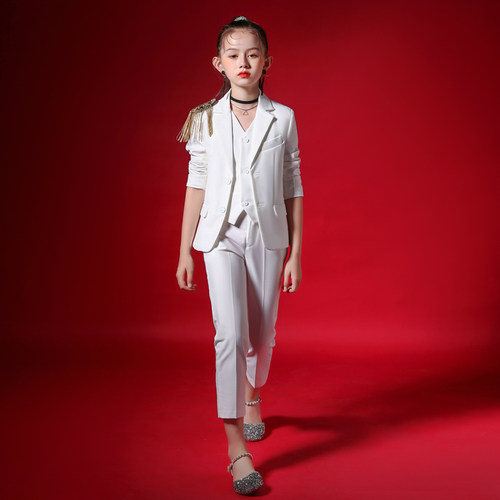 女童西装套装白色潮服儿童模特舞台走秀小西服主持人演出礼服春秋