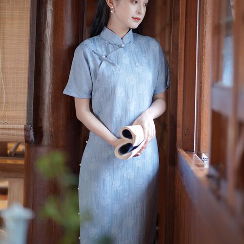 古法全开襟一片式蓝色提花旗袍2024夏季新款新中式年轻款少女长款