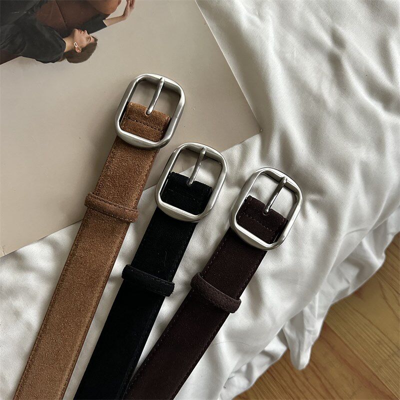 基础百搭黑色韩版简约银扣皮带女真皮反绒面学院风装饰宽腰带潮男