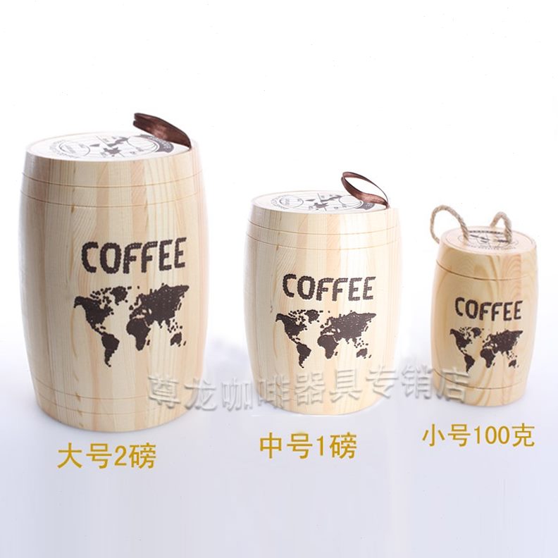 圆形咖啡木桶咖啡豆粉储存罐密封罐香原橡木桶吧台装饰大中小号