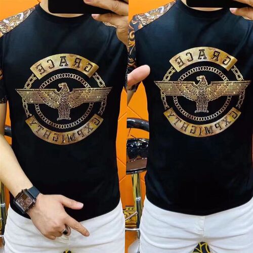 W655男士夏季高品质丝光棉时尚拼接烫金亮片圆领短袖潮流青年半袖