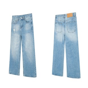 型磨破洞百搭通勤休闲牛仔长裤 直筒微喇版 水洗蓝牛 2021M经典