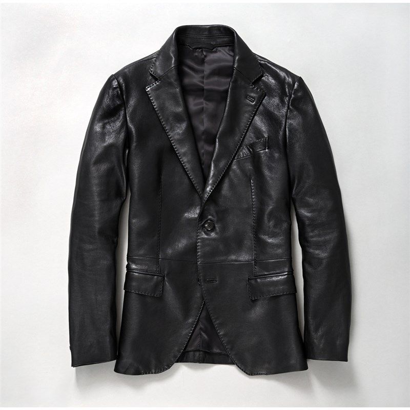 日系新款修身无涂层水染绵羊皮休闲短款西服领真皮西装皮衣外套男