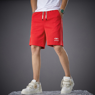 子男运动中裤 潮流红色休闲短裤 字母提花直筒五分裤 时尚 男欧货夏季