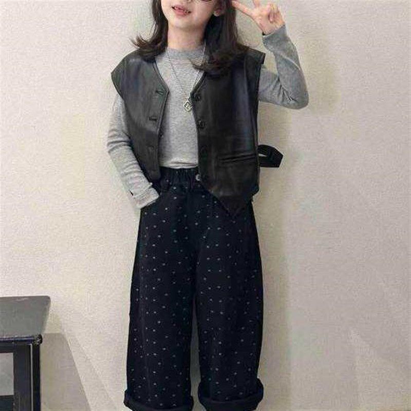 女童秋季皮衣马甲套装2024新款儿童洋气长裤时髦网红打底衫三件套