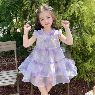 女童紫花夏天裙子夏季2024新款儿童夏款雪纺公主裙宝宝夏装连衣裙