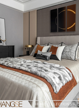 尚塞布艺橙色系床品床上用品套件现代简约样板房新房主人房12件套