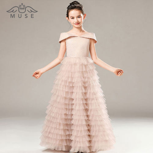 一字肩儿童礼服粉色公主裙钢琴演出服主持蛋糕礼服裙生日蓬蓬长裙