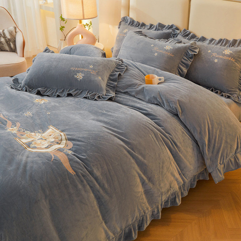 新款婴儿绒四件套加厚双面绒牛奶绒加绒被套床笠床裙刺绣冬天保暖