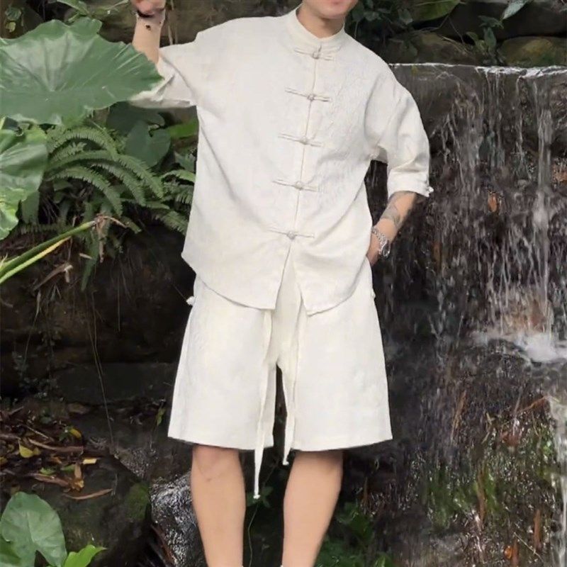 夏季新中式国风男装休闲手工盘扣五分袖衬衫挺阔短裤套装俩件套