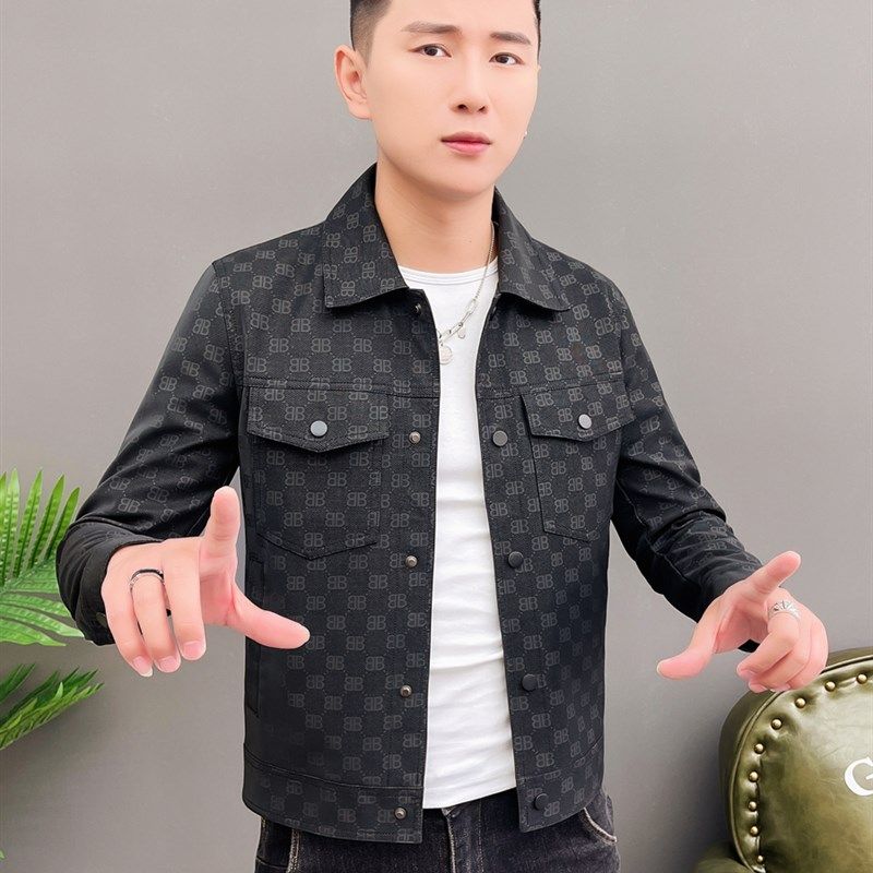 皮衣男士2023爆款修身印花潮流机车服秋冬翻领皮夹克男生帅气外套