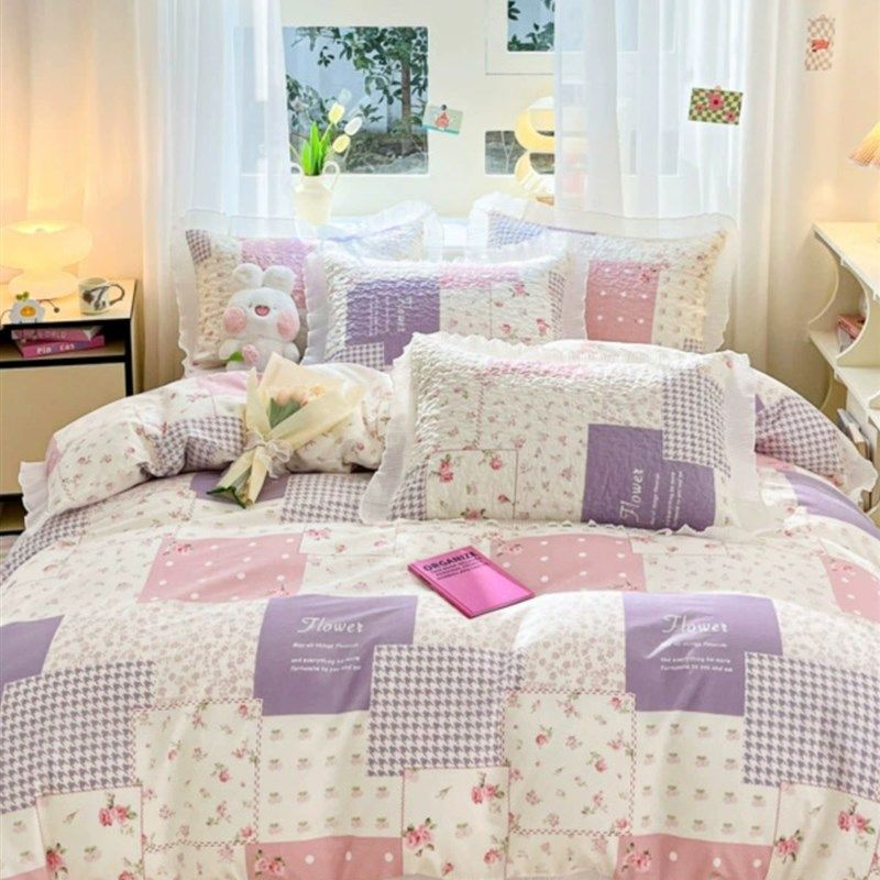 小清新少女心纯棉床盖单件公主风女孩房全棉床单三件套卡通床罩裙