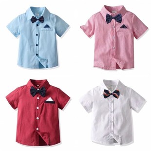 送领结英伦风生日宴会婚礼服上衣红蓝粉 白衬衫 男童宝宝西装 短袖