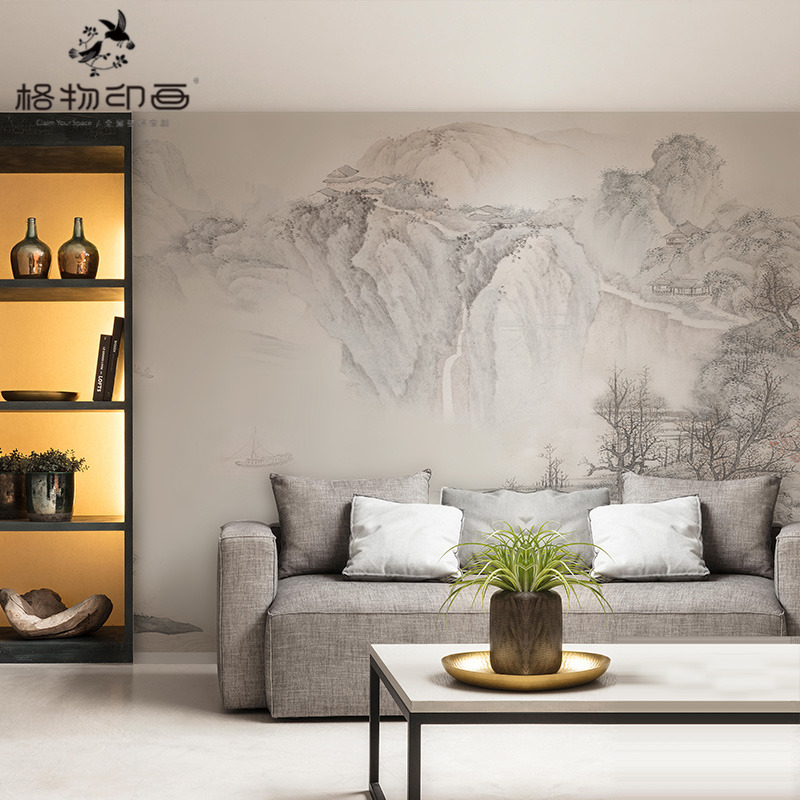 现代中式意境水墨山水客厅电视背景墙纸壁布书O房卧室环保定制壁