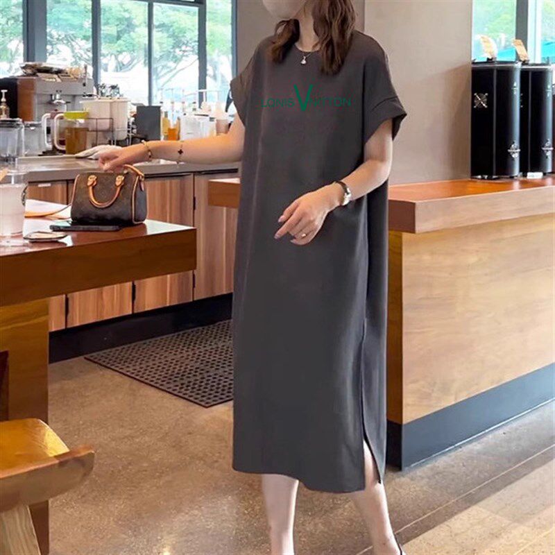 短袖t恤开叉连衣裙女夏季中长款过膝休闲长裙子大码减龄纯棉衣服