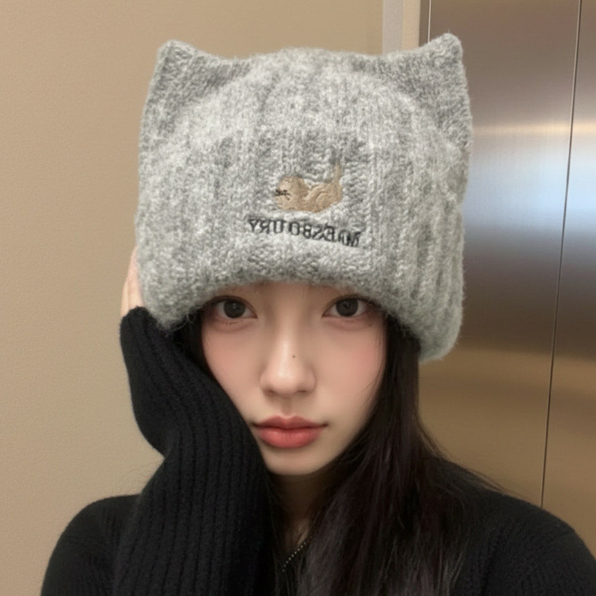 可爱猫耳针织帽子女士冬季加厚保暖护耳包头帽子显脸小百搭毛线帽