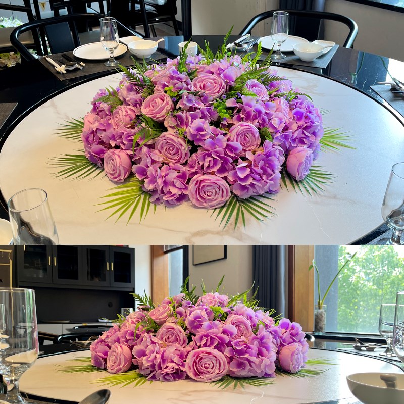 餐厅大圆桌中间摆放台花餐桌花酒店圆桌转M盘用花摆件装饰假花绢
