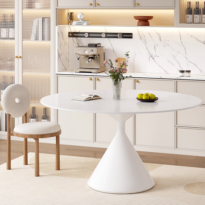 纯白哑光岩板圆形餐桌椅s组合小户型家用现代纯黑简约饭桌子奶油