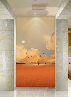 晚霞天空现代玄关装饰画客厅背景墙壁纸3d艺术风景治愈系卧室壁画