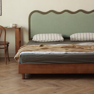 安在野软包软靠床悬浮实木榉木胡桃色小户型中古复古风主卧床撞色