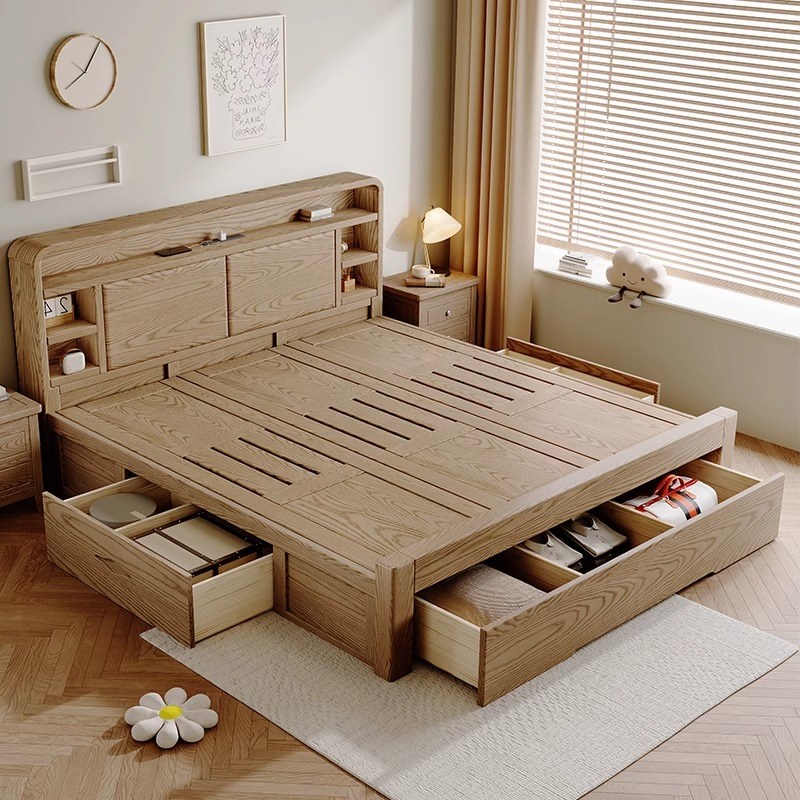 北欧白蜡木实木床1.8米主卧高箱储物双人床2米带S夜灯可充电软包