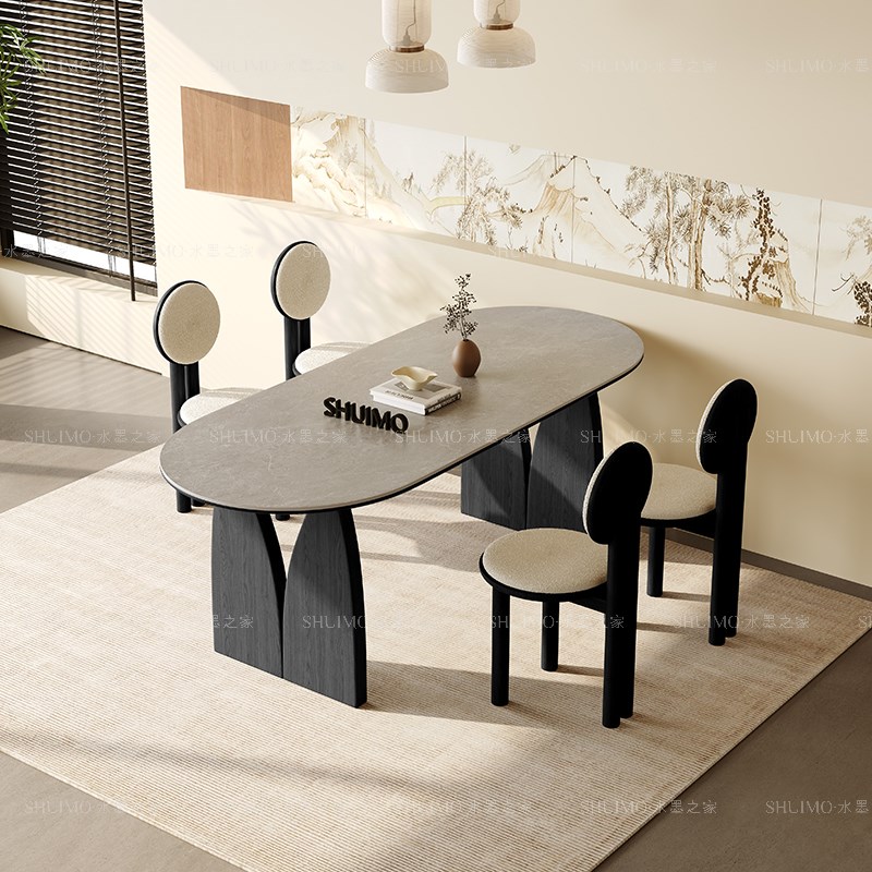 德利丰岩板洞石法式餐桌家用小户型轻G奢奶油椭圆长方形餐桌子客