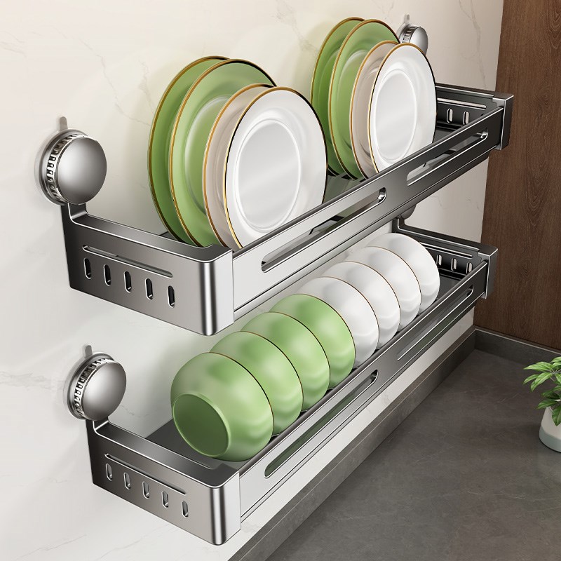 不锈钢吸盘d沥水架厨房碗架免打孔墙上壁挂碗碟收纳架碗盘置物架