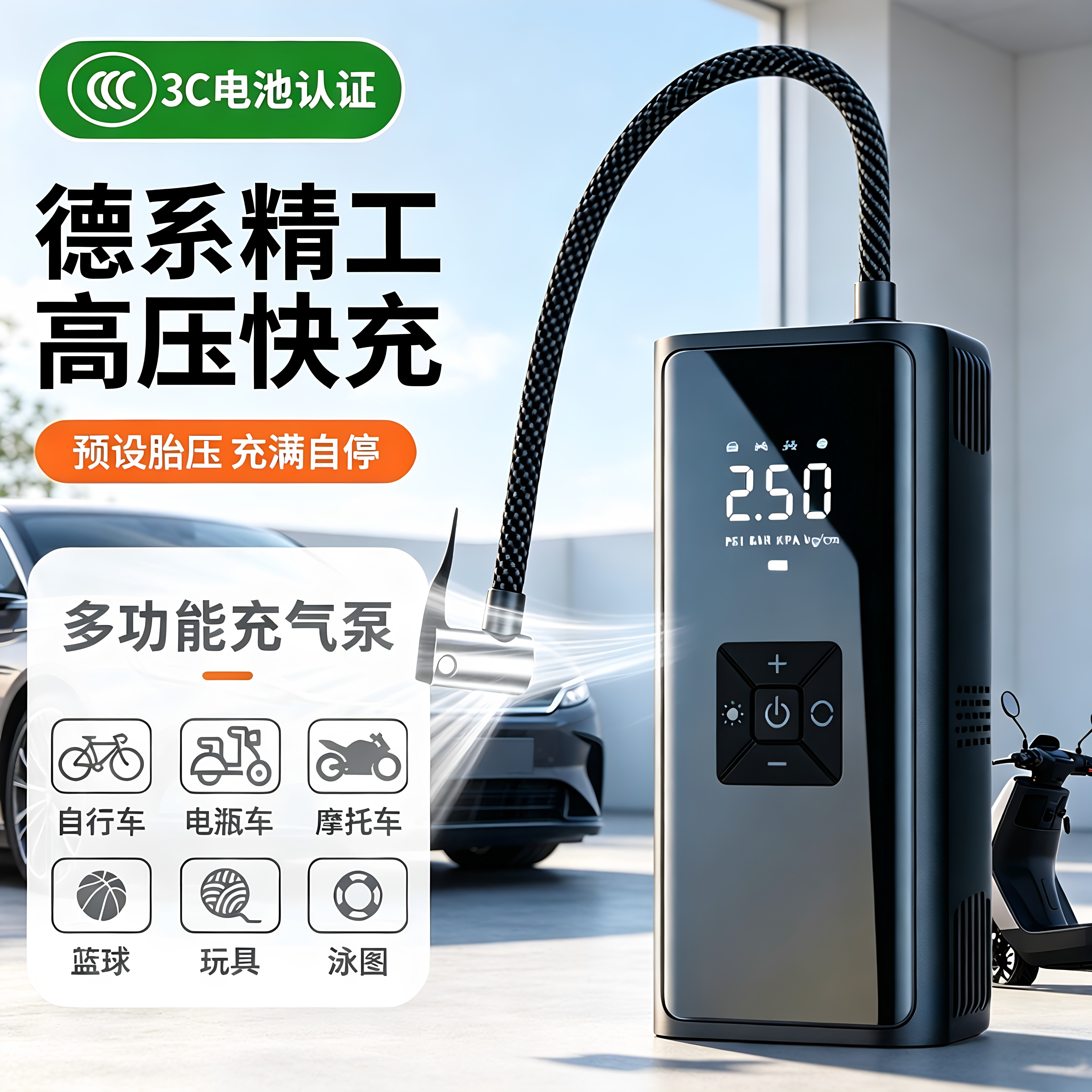 车载无线充气泵汽车用轮胎电动摩托车皮划艇便携打气筒带胎压监测