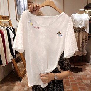 正肩T恤衫 欧货宽松慵懒风低U领纯棉半袖 竹节棉短袖 新款 上衣女夏季