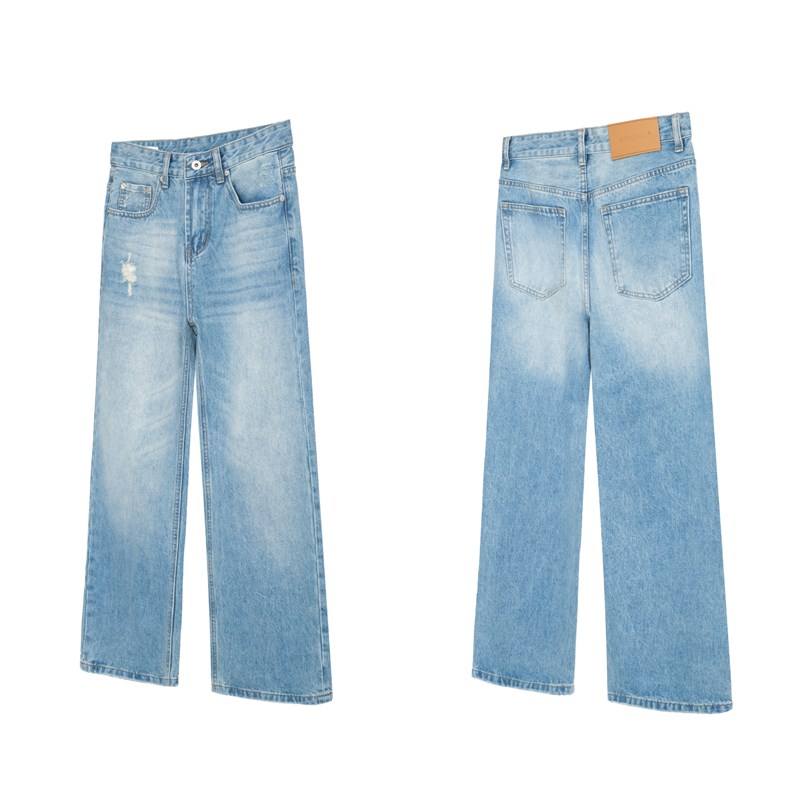 2021M经典水洗蓝牛 直筒微喇版型磨破洞百搭通勤休闲牛仔长裤