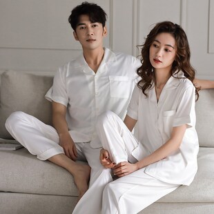 高级感白色男家居服套装 情侣睡衣女2022年新款 长裤 冰丝短袖 春夏季