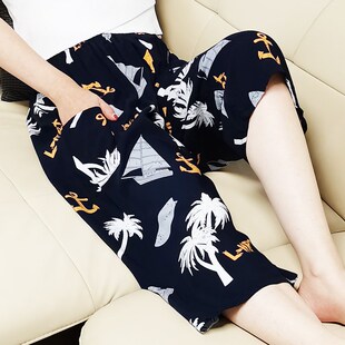 睡裤女夏棉绸七分裤薄款人造棉裤子宽松大码绵绸中裤纯棉居家短裤