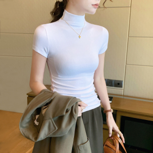 打底衫 2025新款 洋气针织内搭紧身上衣 t恤女夏 白色螺纹半高领短袖