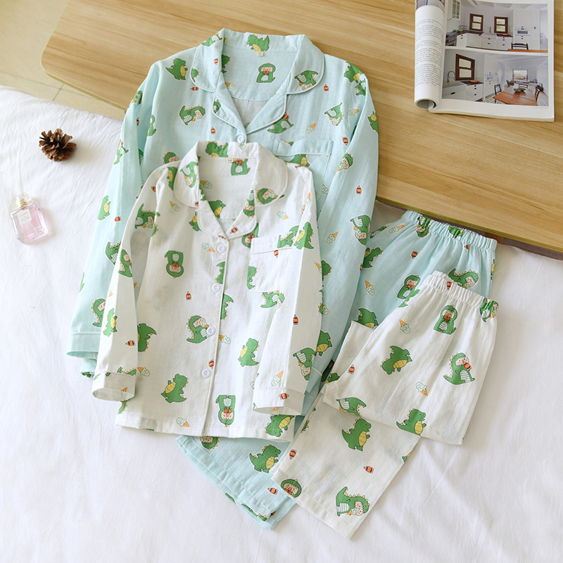 纯棉亲子睡衣女士春夏长袖家居服男女儿童萌宠恐龙空调房卡通套装