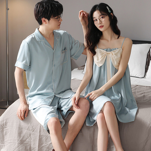 短袖 家居服开衫 两件套 冰丝吊带睡裙女丝绸高级感男士 情侣睡衣夏季