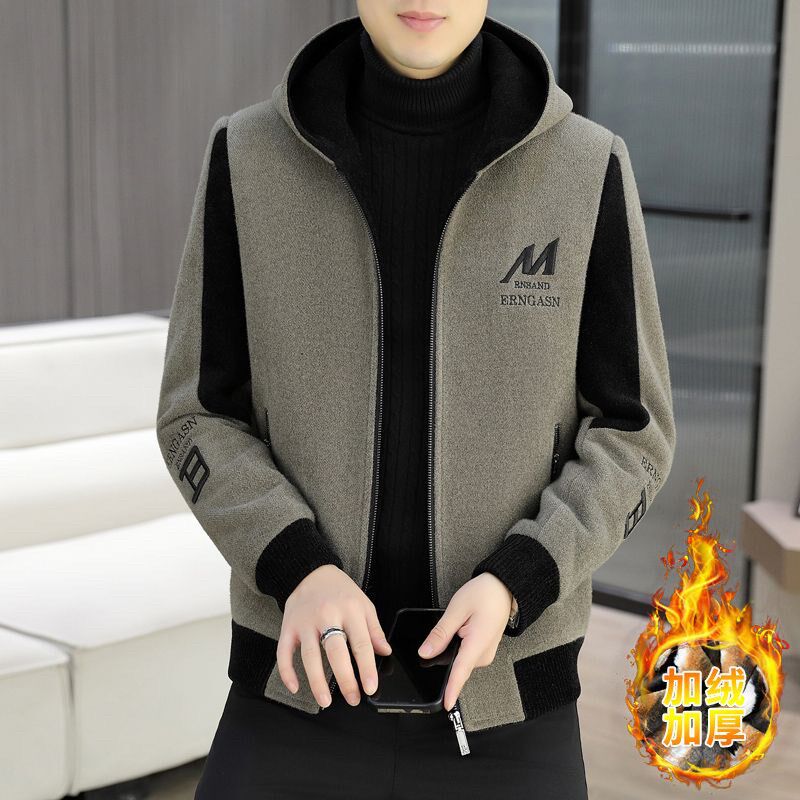 冬季外套男士连帽短款毛呢大衣毛呢子外套男装冬装加绒保暖夹克男