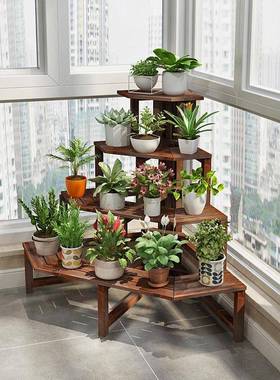 花架带轮子多层家用移动实木制转角拐角放花盆的花架子阳台墙角架