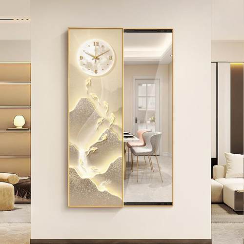 日照金山隐形推拉全身镜带钟表现代轻奢暗藏式穿衣镜子玄关装饰画