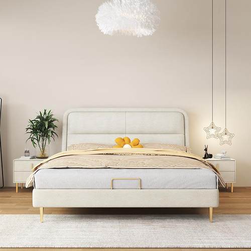 现代简约奶油风科技布双人床意式极简1.8m主卧室家用气压储物皮床