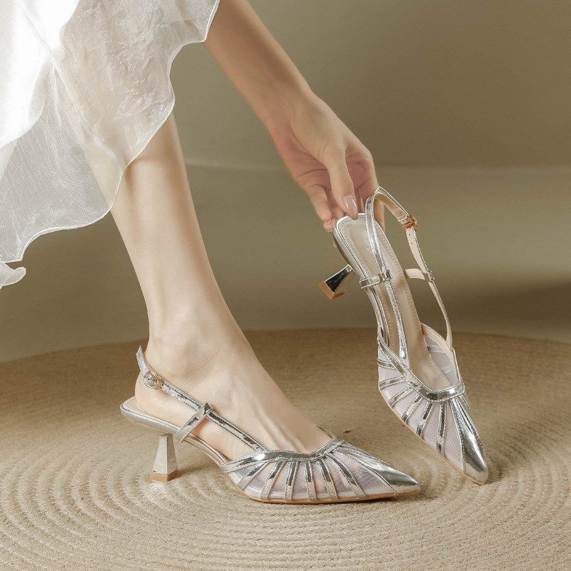 网纱凉鞋女款2024新款法式银色小猫跟高跟鞋包头气质配裙子尖头鞋,女鞋,一字带凉鞋,淘宝优惠券,粉丝福利购,淘宝优惠卷