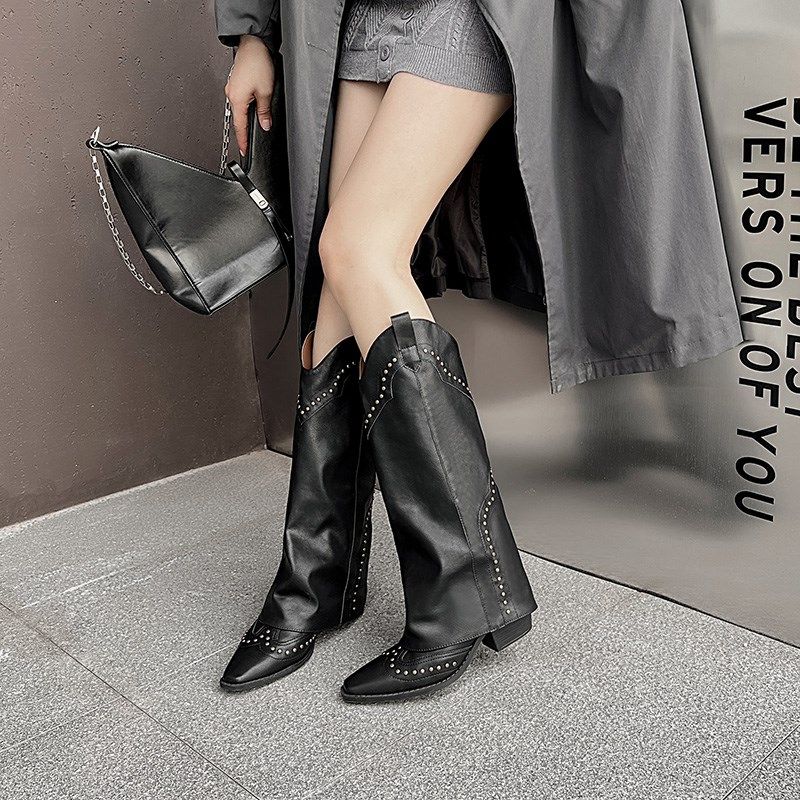 法式复古铆钉裤管靴女秋冬新款高跟粗跟尖头西部牛仔靴女大码长靴,女鞋,西部靴,淘宝优惠券,粉丝福利购,淘宝优惠卷