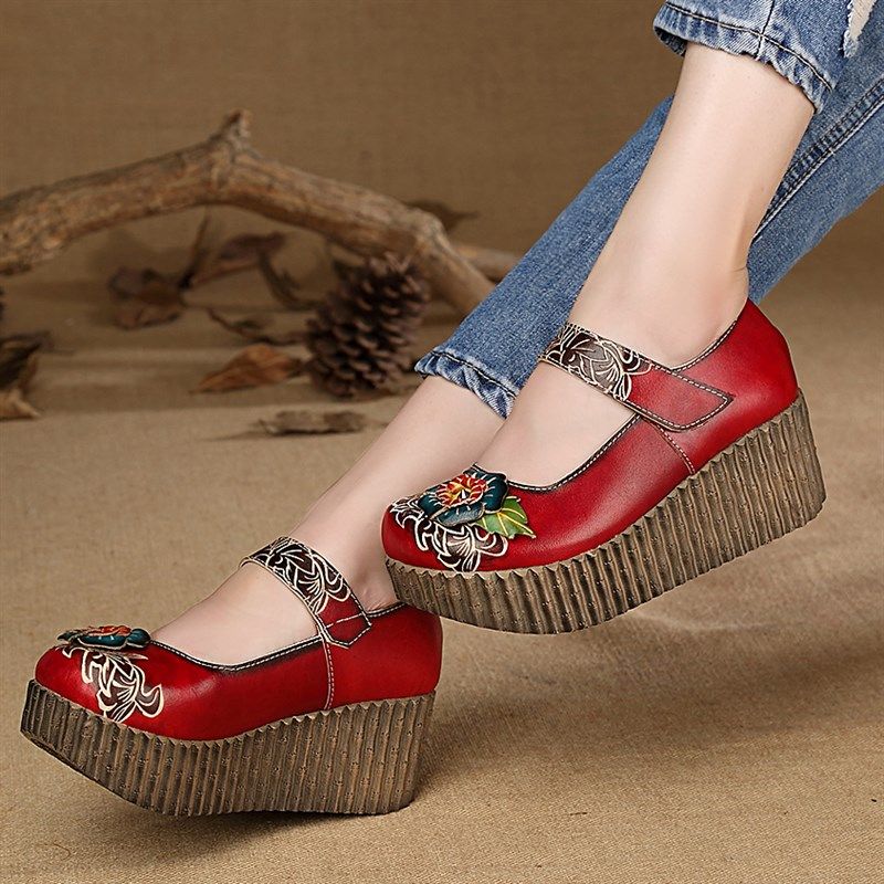 送运险民族风女鞋真皮中国风花朵红色厚底松糕鞋轻便年妈妈鞋单鞋,女鞋,浅口单鞋,淘宝优惠券,粉丝福利购,淘宝优惠卷