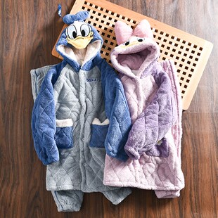 巨厚巨暖和!冬季情侣款可爱卡通夹棉三层连帽睡衣睡裤家居服套装