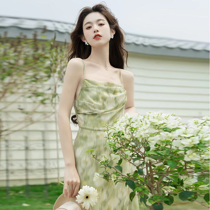 两件套法式绿色碎花连衣裙女夏2时尚套装