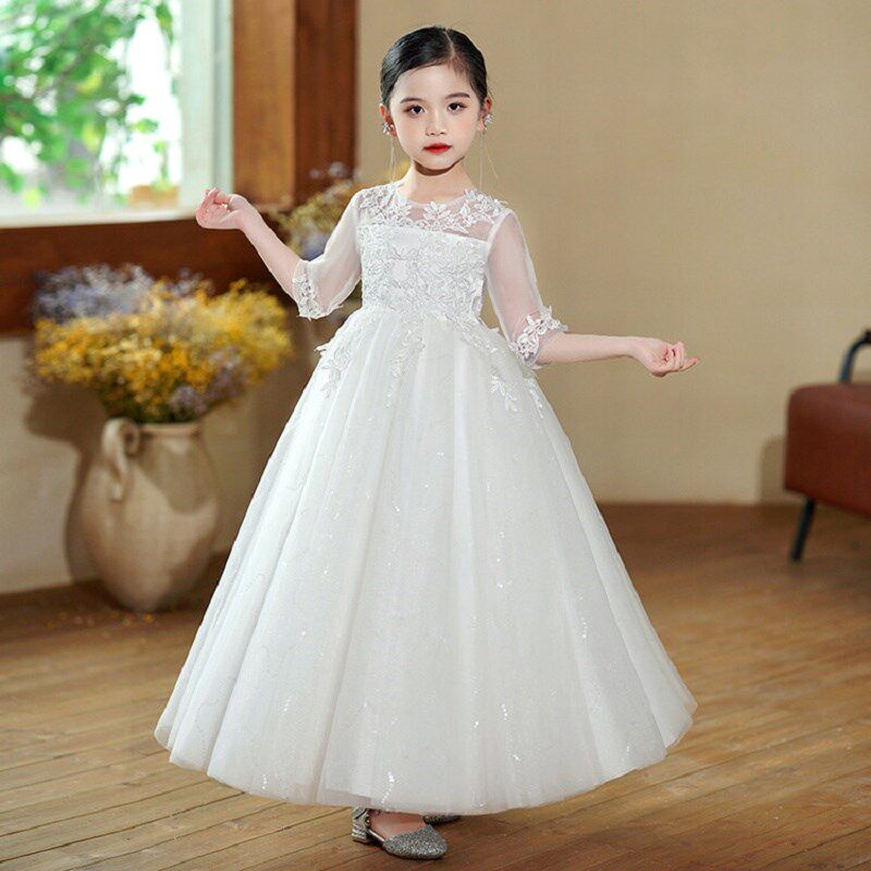 六一儿童主持钢琴表演服生日夏季走秀晚礼服蓬蓬裙白色公主连衣裙