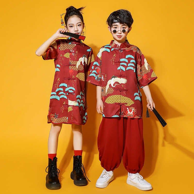 六一儿童演出服中国风仙鹤旗袍套装亲子装男女童夏秋小学生运动会